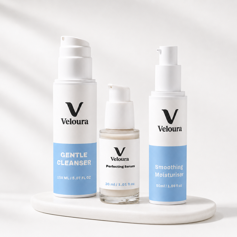 Veloura Anti-Aging Trio bundle with Gentle Cleanser, Perfecting Serum, and Smoothing Moisturiser on marble tray