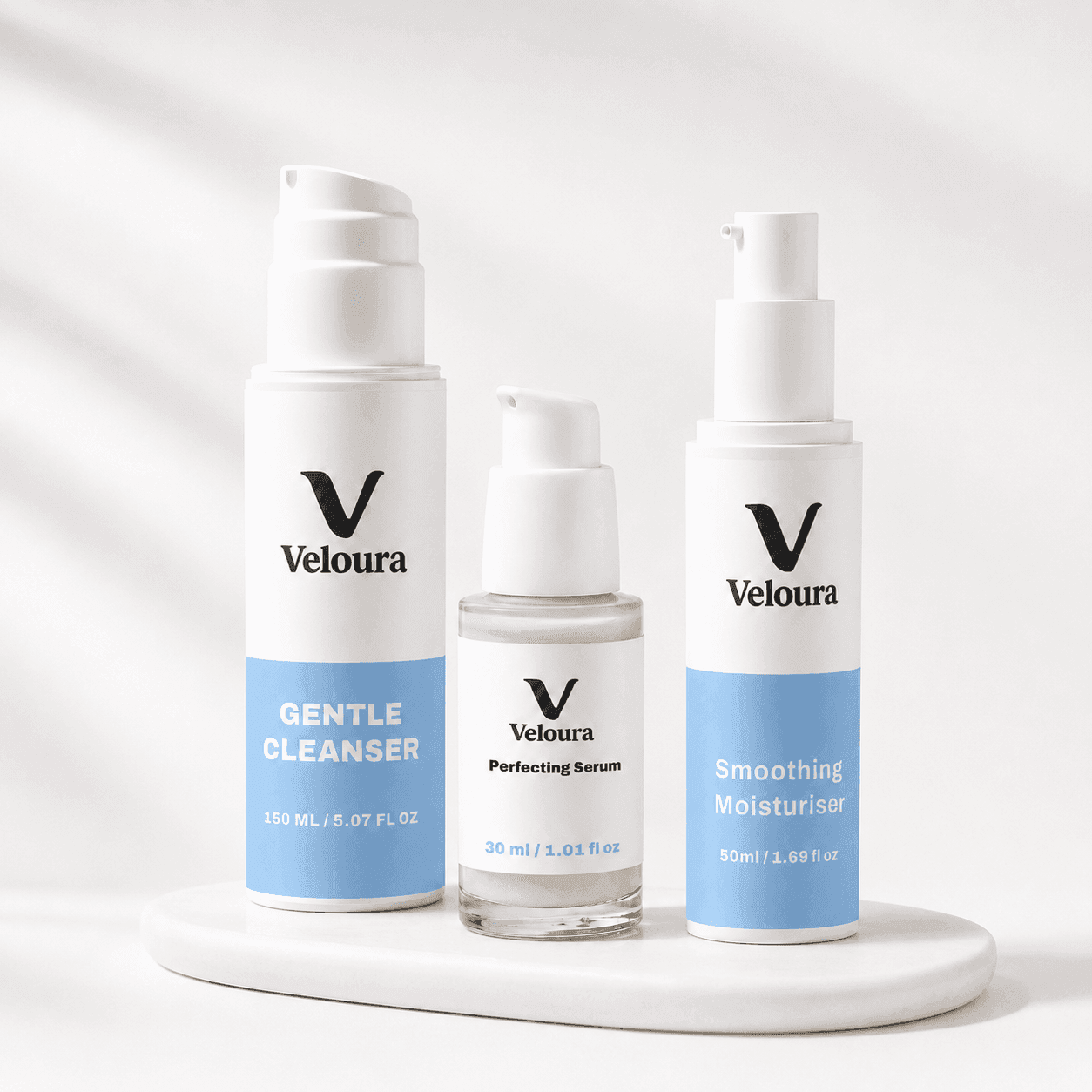 The Anti-Aging Trio by Veloura — cleanser, brightening serum, and plant-retinol moisturiser bundled into one complete anti-aging skincare routine