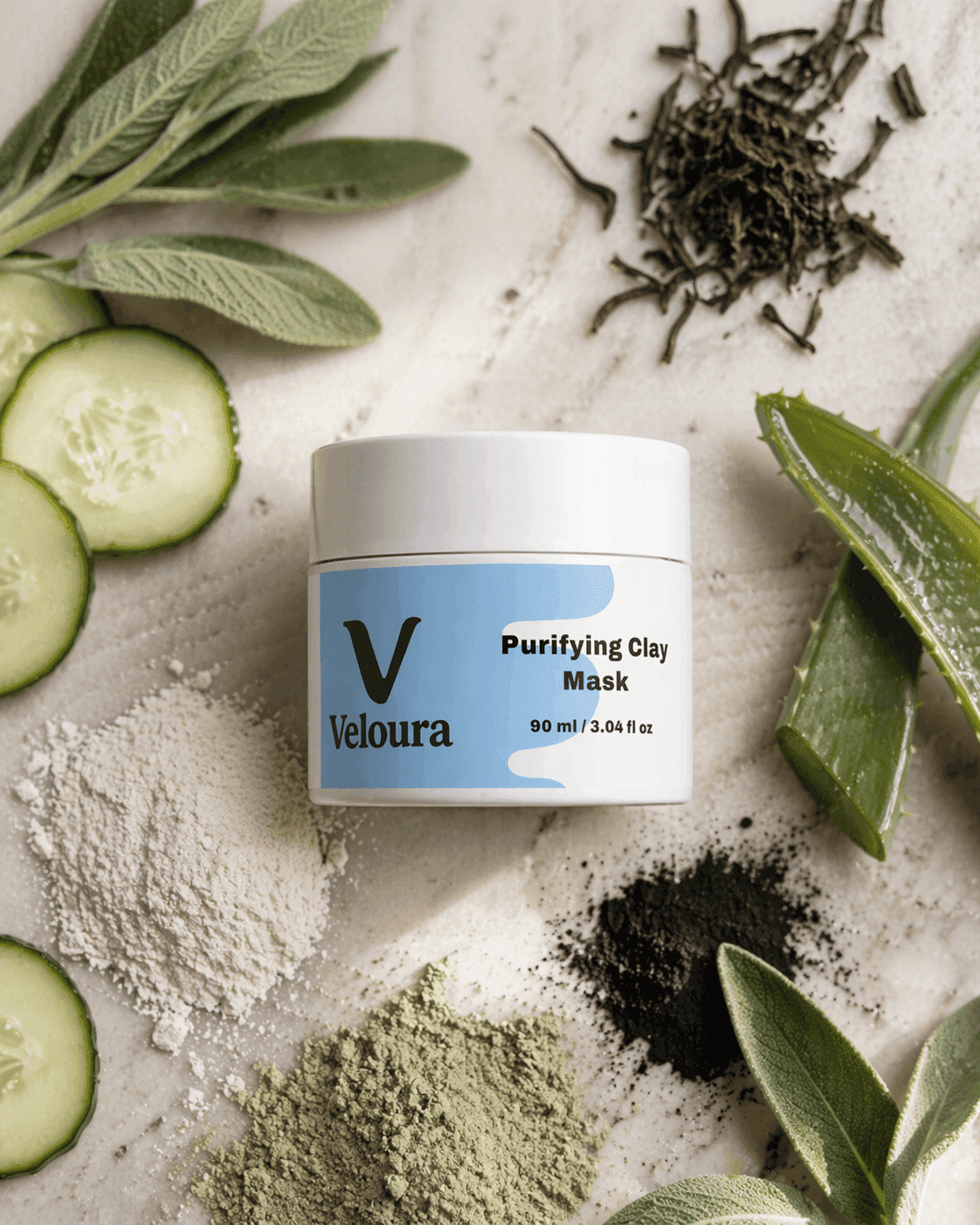 Veloura Purifying Clay Mask flatlay — a ten-minute weekly kaolin and bentonite clay mask that draws out pore congestion without stripping the skin barrier