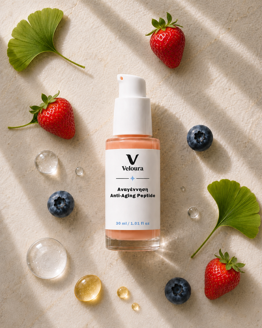 Velour skincare serum bottle surrounded by strawberries, blueberries, and ginkgo leaves on a textured surface.