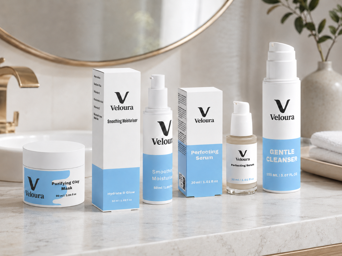 Veloura™ full clean skincare lineup - Retinol Alternative Moisturiser, Perfecting Serum, Clay Mask and Oil-to-Milk Cleanser