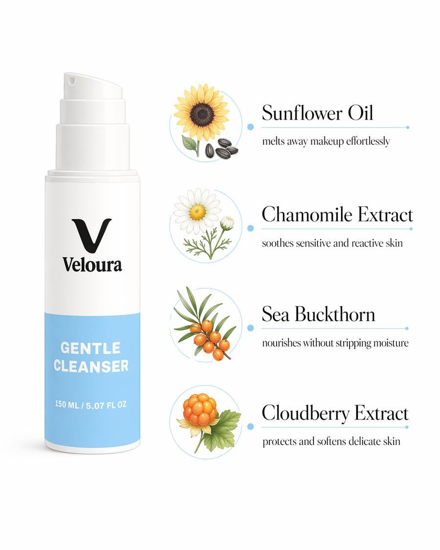 Veloura™ Oil-to-Milk Cleanser key ingredients Sunflower Oil, Camomile and Cloudberry