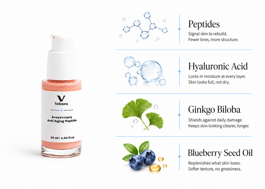 Veloura Peptide Anti-Aging Serum key ingredients: Peptides, Hyaluronic Acid, Ginkgo Biloba, and Blueberry Seed Oil