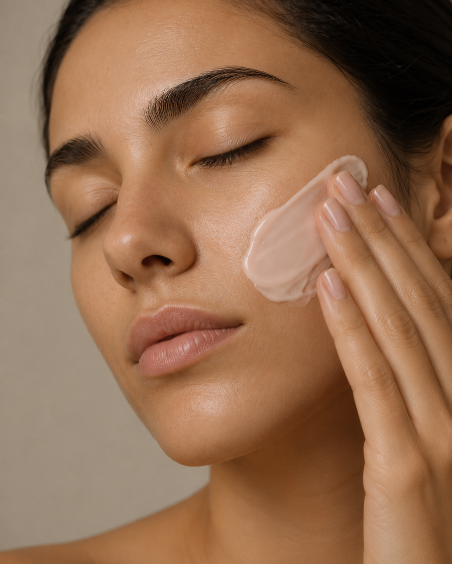 Woman applying Veloura Peptide Anti-Aging Serum to cheek for firmer, wrinkle-reducing skin