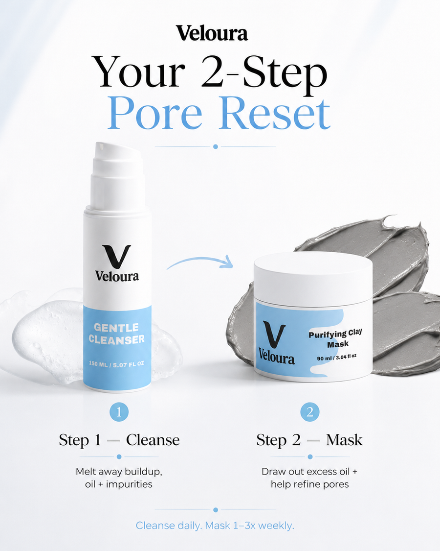 Veloura 2-step Pore Reset Duo: Step 1 cleanse daily with Oil-to-Milk Cleanser, Step 2 mask weekly with Purifying Clay Mask to refine pores