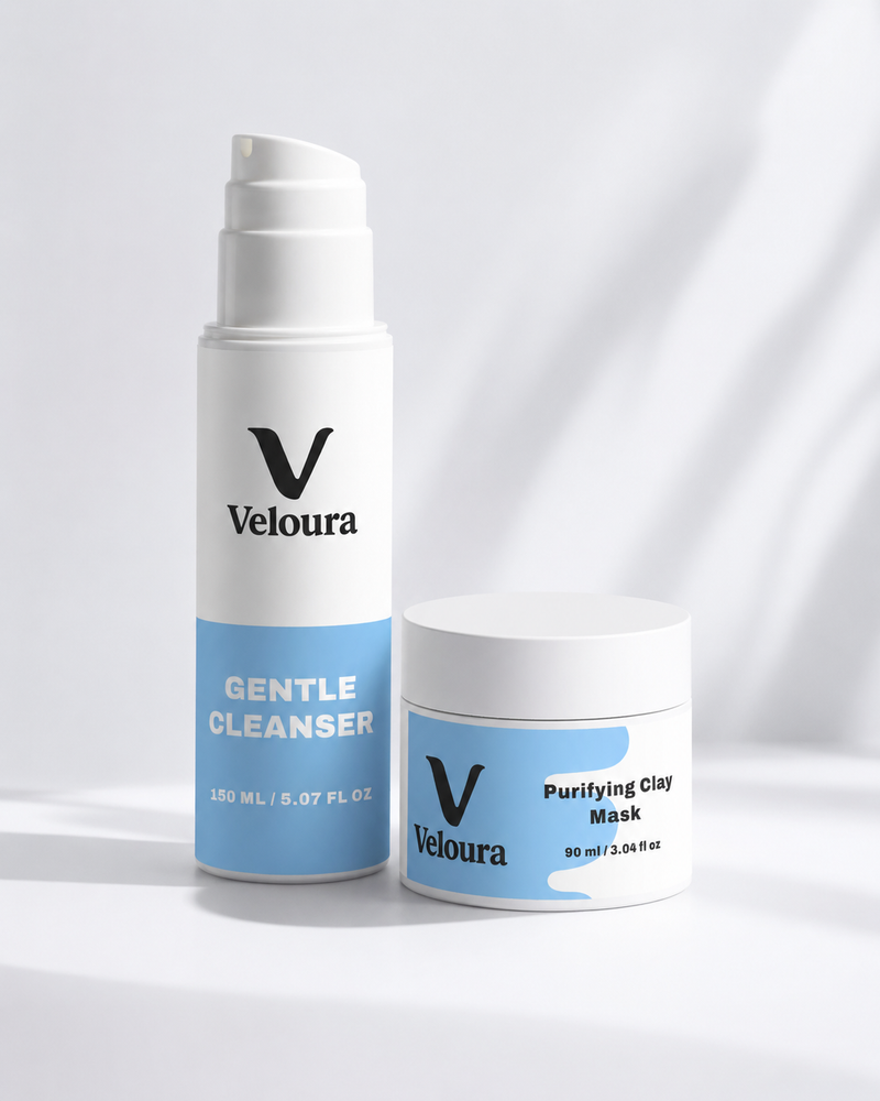 Veloura Pore Reset Duo bundle with Gentle Cleanser 150ml and Purifying Clay Mask 90ml for refined pores and blackheads
