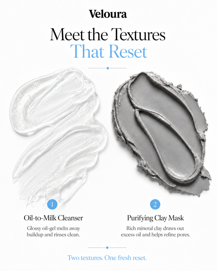 Veloura Pore Reset Duo texture swatches showing Oil-to-Milk Cleanser gel and Purifying Clay Mask mineral clay