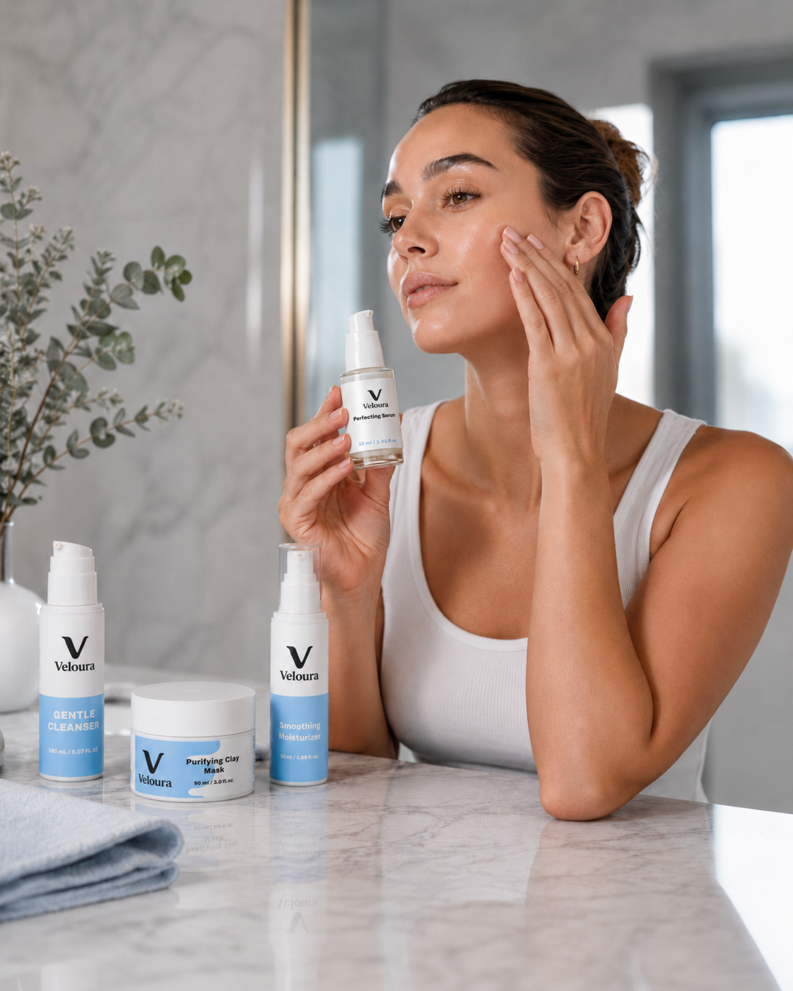 Woman applying Veloura™ clean skincare routine with full product lineup